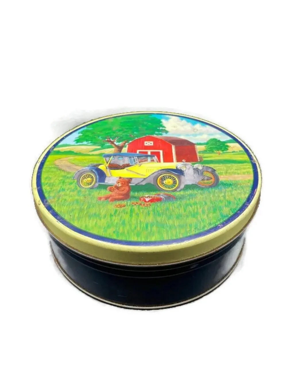 Vintage Cookie Tin: Round Farmhouse Kitchen Storage with Car & Barn